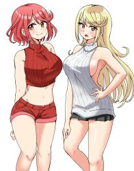 2girls alternate_costume arms_behind_back black_skirt blonde_hair blush bob_cut breasts closed_mouth commentary_request cropped_sweater ereka feet_out_of_frame grey_sweater groin hand_on_own_hip hand_on_own_thigh highres large_breasts long_hair looking_at_viewer meme_attire midriff miniskirt multiple_girls mythra_(xenoblade) navel open_mouth pleated_skirt pyra_(xenoblade) raised_eyebrow red_hair red_shorts short_hair short_shorts shorts sideboob sidelocks skirt sleeveless sleeveless_sweater smile split_mouth sweater turtleneck turtleneck_sweater virgin_killer_sweater xenoblade_chronicles_(series) xenoblade_chronicles_2 yellow_eyes