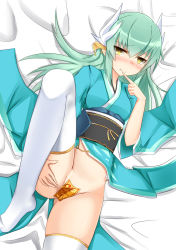 Rule 34 | 1girl, aqua hair, bad id, bad pixiv id, blush, bottomless, fang, fate/grand order, fate (series), finger to mouth, horns, japanese clothes, katsuda (katonnbootita), kimono, kiyohime (fate), long hair, lying, on back, on bed, smile, solo, source request, spread legs, thighhighs, yellow eyes