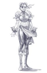Rule 34 | 1girl, bad id, bad tumblr id, boots, bracelet, breasts, bun cover, capcom, china dress, chinese clothes, chun-li, cross-laced footwear, double bun, dress, earrings, full body, hair bun, highres, jewelry, knee boots, lace-up boots, large breasts, monochrome, pantyhose, pelvic curtain, puffy short sleeves, puffy sleeves, robaato, sash, short hair, short sleeves, signature, sketch, solo, spiked bracelet, spikes, street fighter
