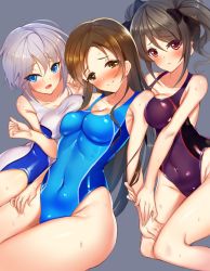 Rule 34 | 10s, 3girls, :d, anastasia (idolmaster), bare arms, bare legs, bare shoulders, between breasts, black bow, blue eyes, blue one-piece swimsuit, blush, bow, breast press, breasts, brown eyes, brown hair, cleavage, collarbone, competition swimsuit, eikisama113, eyebrows, girl sandwich, grey background, groin, hair between eyes, hair bow, head tilt, highres, idolmaster, idolmaster cinderella girls, kanzaki ranko, kneeling, large breasts, long hair, looking at viewer, multiple girls, nitta minami, one-piece swimsuit, open mouth, purple one-piece swimsuit, sandwiched, shiny clothes, shiny skin, short hair, silver hair, simple background, sitting, skin tight, smile, swimsuit, twintails, water, water drop, wet