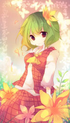 Rule 34 | 1girl, ana (rznuscrf), ascot, bad id, bad pixiv id, bug, butterfly, female focus, flower, green hair, hair flower, hair ornament, highres, insect, kazami yuuka, no nose, plaid, plaid skirt, plaid vest, red eyes, short hair, skirt, skirt set, slit pupils, smile, solo, touhou, vest
