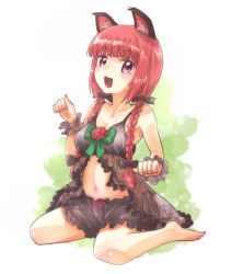 Rule 34 | 1girl, :3, :d, animal ears, babydoll, bare arms, bare legs, bare shoulders, barefoot, black bloomers, bloomers, blunt bangs, bow, braid, breasts, cat ears, cleavage, clenched hands, collarbone, extra ears, frills, full body, hair ribbon, kaenbyou rin, looking at viewer, low twintails, medium breasts, naegi (naegidokoro), nail polish, navel, open mouth, paw pose, pink nails, red eyes, red hair, ribbon, scrunchie, sitting, smile, solo, touhou, twin braids, twintails, underwear, underwear only, wariza, wrist cuffs, wrist scrunchie