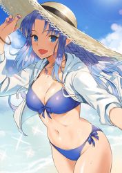Rule 34 | 1girl, :d, beach, bikini, blue bikini, blue eyes, blue hair, blue lips, blue nails, blue sky, blush, braid, breasts, medea (fate), cleavage, cloud, collarbone, cowboy shot, day, doushimasho, fate/stay night, fate (series), groin, hand on headwear, hat, jacket, jewelry, large breasts, long hair, nail polish, navel, necklace, ocean, open clothes, open jacket, open mouth, outdoors, pointy ears, sand, side braid, sky, smile, solo, sparkle, stomach, straw hat, sunlight, sweat, swimsuit, thighs