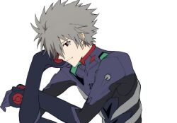 Rule 34 | 1boy, bodysuit, closed mouth, facing to the side, gloves, grey shirt, looking at viewer, male focus, nagisa kaworu, neon genesis evangelion, official style, parody, plugsuit, purple gloves, red eyes, shirt, smile, solo, spiked hair, style parody, tousok, white background