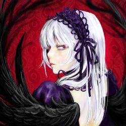Rule 34 | 00s, hairband, jinnikureiche, long hair, looking back, red eyes, rozen maiden, solo, suigintou, white hair, wings