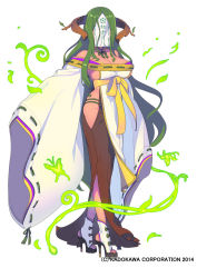 Rule 34 | 1girl, breasts, brown dress, cleavage, clothing cutout, covered eyes, covered face, dress, enkyo yuuichirou, facing viewer, female focus, full body, green hair, green ribbon, high heels, horns, large breasts, long hair, long sleeves, neck ribbon, ofuda, parted bangs, ribbon, side cutout, simple background, sleeves past fingers, sleeves past wrists, solo, standing, watermark, white background, wide sleeves, youkai hyakki-tan!