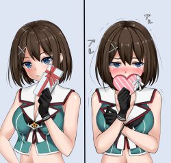 Rule 34 | 1girl, bad id, bad pixiv id, black gloves, blue eyes, blush, breasts, brown hair, covering own mouth, embarrassed, gift, gloves, hair ornament, hairclip, kantai collection, large breasts, looking at viewer, maya (kancolle), maya kai ni (kancolle), medium hair, solo, valentine, vest, z5987