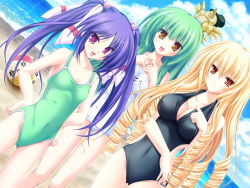 Rule 34 | 3girls, 77, beach, black one-piece swimsuit, blonde hair, breasts, brown eyes, casual one-piece swimsuit, cleavage, cloud, collarbone, covered navel, day, drill hair, eyebrows, game cg, green hair, green one-piece swimsuit, hair between eyes, hair ornament, hands on own hips, highres, koshimizu rin, long hair, looking at viewer, medium breasts, mikagami mamizu, multiple girls, narukami aoi, ocean, one-piece swimsuit, open mouth, outdoors, pink eyes, purple hair, school swimsuit, sky, small breasts, smile, stella (77), swimsuit, tenmaso, twintails, very long hair, white school swimsuit, white one-piece swimsuit, yellow eyes