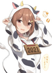 Rule 34 | 1girl, 2021, animal print, azuki yui, brown eyes, brown hair, collarbone, cow, cow hood, cow print, cow tail, holding hoodie, hood, hoodie, open mouth, original, short hair, sign, solo, tail, two-tone hoodie, upper body, white background