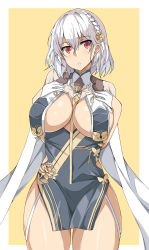 Rule 34 | 1girl, absurdres, azur lane, border, braid, breast curtains, breasts, china dress, chinese clothes, dress, garter straps, gloves, grey dress, half gloves, highres, large breasts, neckwear between breasts, olly (ollycrescent), pelvic curtain, red eyes, revealing clothes, see-through, side braid, sirius (azur lane), sirius (azure horizons) (azur lane), two-tone leotard, white border, white gloves, white hair, yellow background