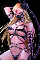Rule 34 | 1girl, abs, absurdres, bdsm, black background, black sclera, blonde hair, breasts, collar, collarbone, colored sclera, facial mark, forehead mark, gloves, highres, kaijin hime do-s, large breasts, latex, long hair, mask, navel, one-punch man, pukinbunny, red eyes, simple background, single glove, skin tight, slit pupils, solo, whip
