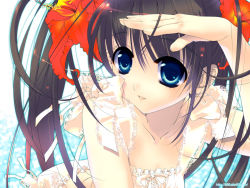 Rule 34 | 1girl, 888, ahoge, blue eyes, bow, brown hair, eyebrows, flower, frills, hair flower, hair ornament, hibiscus, lace, long hair, looking at viewer, ocean, original, ribbon, solo, twintails, very long hair, watermark, web address, web address without path
