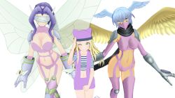 Rule 34 | 3d, 3girls, armor, belt, bikini, bird wings, blonde hair, blue hair, bra, breasts, butterfly wings, butterfly wings gauntlets, digimon, digimon (creature), digimon frontier, facial mask, fairimon, garter straps, gauntlets, green eyes, highres, insect wings, long hair, looking at viewer, medium breasts, multiple girls, navel, one eye closed, orimoto izumi, panties, purple bikini, purple bra, purple hair, purple panties, purple skirt, scarf, shirt, short hair, shoulder armor, shutumon, skirt, smile, striped clothes, striped shirt, swimsuit, transparent background, underwear, visor (armor), wings