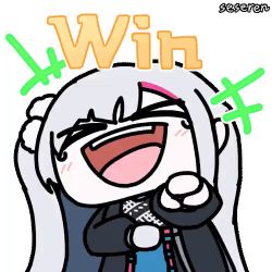 Rule 34 | &gt; &lt;, 1girl, animated, animated gif, laughing, long hair, lowres, open mouth, pointing, pointing at viewer, seseren, side ponytail, two side up