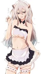 Rule 34 | 1girl, ahoge, animal ears, apron, bandeau, bare shoulders, blush, breasts, bridal garter, claw pose, cowboy shot, detached collar, earrings, grey eyes, grey hair, hair between eyes, hololive, jewelry, lion ears, lion girl, lion tail, long hair, looking at viewer, maid apron, maid headdress, medium breasts, miniskirt, navel, open mouth, shishiro botan, skirt, solo, standing, stomach, tahita1874, tail, v-shaped eyebrows, virtual youtuber