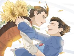 Rule 34 | 2boys, ace attorney, antenna hair, apollo justice, black vest, blue jacket, blue vest, bouquet, breast pocket, brown hair, closed eyes, dutch angle, falling petals, flower, grey eyes, highres, hug, jacket, leooomen, looking at another, male focus, multiple boys, necktie, open mouth, petals, phoenix wright, pocket, profile, red necktie, red vest, shirt, short hair, simple background, spiked hair, suit jacket, sunflower, two-tone vest, vest, white background, white shirt, yaoi, yellow flower