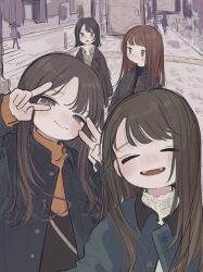 Rule 34 | absurdres, black eyes, black hair, blush, brown hair, closed eyes, closed mouth, day, double v, fangs, highres, jacket, long hair, long sleeves, looking at viewer, multiple girls, open clothes, open jacket, open mouth, original, outdoors, selfie, short hair, sweater, turtleneck, turtleneck sweater, v, v over eye, yunoki itsugu