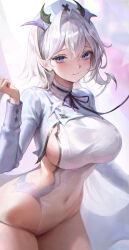 Rule 34 | 1girl, absurdres, black horns, black ribbon, blue eyes, blush, breasts, closed mouth, commentary, covered navel, crossed bangs, english commentary, hair between eyes, hair intakes, hat, highres, horns, hrrry, large breasts, leotard, long sleeves, looking at viewer, neck ribbon, nurse cap, original, pointy ears, ribbon, sideboob, solo, white hair, white leotard