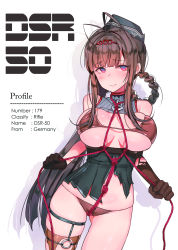 Rule 34 | 1girl, absurdres, ahoge, bad id, bad pixiv id, bare shoulders, bdsm, black gloves, blunt bangs, blush, bondage, bound, bra, braid, breasts, brown bra, brown hair, character name, cleavage, closed mouth, crotch rope, dsr-50 (girls&#039; frontline), elbow gloves, girls&#039; frontline, gloves, goyain, hair ornament, hat, highres, large breasts, long hair, looking at viewer, o-ring, red eyes, rope, shibari, shibari over clothes, sidelocks, single elbow glove, single thighhigh, smile, solo, thigh strap, thighhighs, thighs, torn clothes, underwear, very long hair