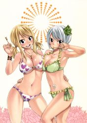 Rule 34 | 2girls, absurdres, asymmetrical docking, bikini, black eyes, blonde hair, breast press, breasts, breasts apart, cleavage, fairy tail, flower, frilled bikini, frills, green bikini, hair flower, hair ornament, hand on another&#039;s hip, heart, heart print, highres, holding, holding key, key, large breasts, long hair, looking at viewer, lucy heartfilia, mashima hiro, multiple girls, navel, o-ring, o-ring bikini, o-ring top, official art, open mouth, scan, short hair, side-tie bikini bottom, smile, stomach tattoo, swimsuit, tattoo, twintails, white hair, wristband, yukino aguria