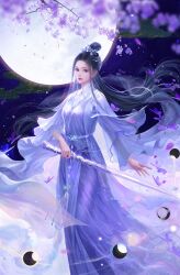 Rule 34 | 1girl, absurdres, against the gods, black hair, bracelet, bug, butterfly, chinese clothes, crescent moon, earrings, flower, full moon, hair ornament, highres, holding, holding sword, holding weapon, insect, jewelry, long hair, moon, official art, purple eyes, purple moon, sword, weapon, xia qingyue (against the gods)