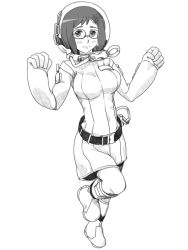 Rule 34 | 1girl, belt, blush, bob cut, boots, breasts, full body, glasses, gloves, greyscale, helmet, looking at viewer, medium breasts, monochrome, science fiction, scientist, sidonia no kishi, simple background, skirt, solo, spacesuit, tahiro numi, virtues