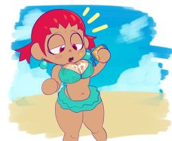Rule 34 | 1girl, animal crossing, bare shoulders, beach, bikini, bikini skirt, blue bikini, blue sky, blush stickers, border, bottle, breasts, cleavage, cloud, dark-skinned female, dark skin, day, earrings, facial tattoo, female focus, flat color, hair tie, half-closed eyes, hands up, hexanne, highleg, highleg bikini, highres, holding, holding bottle, jewelry, jpeg artifacts, large breasts, leaf print, looking down, lotion, navel, nintendo, notice lines, open mouth, outdoors, outside border, pink eyes, red hair, sand, sexually suggestive, shiny skin, short hair, sidelocks, simple background, sky, solo, standing, stomach, sunscreen, swimsuit, tan, tanline, tattoo, teeth, tongue, twintails, villager (animal crossing), white border