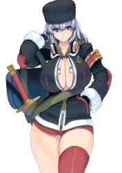 Rule 34 | 1girl, adjusting hair, bag, black gloves, blue eyes, blue hair, breasts, cleavage, closed mouth, commentary request, fur-trimmed sleeves, fur hat, fur trim, gloves, hammer and sickle, hand in pocket, hat, headphones, highres, hood, hoodie, huge breasts, kouno (masao), long hair, looking at viewer, original, parted lips, red shorts, red thighhighs, short shorts, shorts, simple background, single thighhigh, solo, standing, sword, thick thighs, thighhighs, thighs, unzipped, weapon, white background, zipper