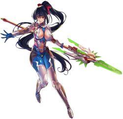 Rule 34 | 1girl, action taimanin, black hair, bodysuit, breasts, cleavage, cleavage cutout, clothing cutout, fishnets, full body, hair ribbon, hiiragi fuyumi, holding, holding weapon, impossible bodysuit, impossible clothes, large breasts, long hair, ninja, polearm, ponytail, red eyes, red ribbon, ribbon, simple background, solo, spear, taimanin (series), taimanin suit, weapon