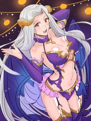 Rule 34 | 1girl, :d, aono shimo, bad id, bad twitter id, blush, breasts, cleavage, demon girl, demon horns, demon tail, demon wings, detached sleeves, fate/grand order, fate (series), female focus, halloween princess, highres, horns, irisviel von einzbern, irisviel von einzbern (halloween princess), large breasts, long hair, navel, open mouth, red eyes, silver hair, smile, solo, sparkle, tail, thighhighs, wings