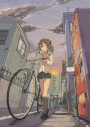 Rule 34 | 1girl, bicycle, bicycle basket, black socks, brown eyes, brown hair, cityscape, cloud, fang, hair ornament, hairclip, highres, kneehighs, looking to the side, mary janes, matching hair/eyes, mizu denpa, necktie, open collar, original, perspective, plaid, plaid skirt, pleated skirt, power lines, red necktie, shoes, skirt, sky, socks, solo, sunset, traffic light