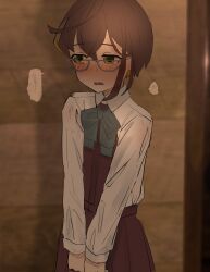 Rule 34 | 1girl, blue-framed eyewear, blush, bow, brown dress, brown hair, collared shirt, corrupted twitter file, dress, dress shirt, glasses, green eyes, grey bow, highres, jako kyoku, kantai collection, multicolored hair, okinami (kancolle), pink hair, pleated dress, school uniform, shirt, short hair, solo, standing, v arms, white shirt