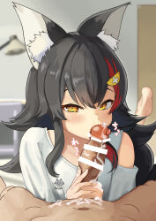 Rule 34 | 1boy, 1girl, animal ear fluff, animal ears, bar censor, barefoot, black hair, blurry, blurry background, blush, censored, clothing cutout, crossed bangs, cum, cum on hands, cum on penis, cum on self, dark-skinned male, dark skin, depth of field, erection, eyelashes, fellatio, foot up, grey shirt, hair ornament, hetero, highres, hololive, indoors, licking, licking penis, long hair, long sleeves, looking at viewer, lying, multicolored hair, natsuzo380, navel, official alternate costume, on stomach, ookami mio, oral, orange eyes, penis, pov, red hair, shirt, shoulder cutout, sidelocks, sound effects, streaked hair, tongue, tongue out, virtual youtuber, wolf ears