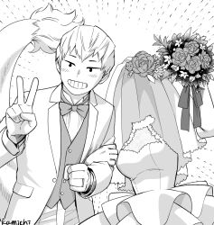 Rule 34 | 1boy, 1girl, arm grab, arm up, armpit peek, artist name, blush, boku no hero academia, bouquet, bow, bowtie, breasts, bridal veil, bride, buttons, check clothing, cleavage, clenched hand, dotted line, dress, elbow gloves, emphasis lines, flower, flower request, formal, fur-tipped tail, gloves, greyscale, grin, hagakure tooru, hair flower, hair ornament, halter dress, halterneck, hand up, hands up, happy, head tilt, hetero, holding, holding bouquet, invisible, jacket, jewelry, kamichi ka, lapels, leaning to the side, locked arms, looking ahead, medium breasts, monochrome, no sclera, notched lapels, ojiro mashirao, peony (flower), ring, see-through, see-through dress, shirt, short eyebrows, short hair, side-by-side, sleeveless, sleeveless dress, smile, suit, suit jacket, tail, tuxedo, upper body, v, veil, waistcoat, wedding, wedding dress, wedding ring, white background