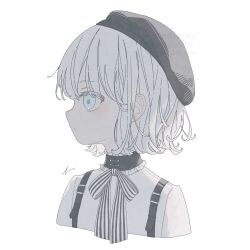 Rule 34 | 1girl, absurdres, beret, black hat, cropped torso, expressionless, hat, highres, looking to the side, neck ribbon, original, profile, ribbon, shirt, short hair, simple background, solo, striped ribbon, suspenders, upper body, white background, white eyes, white hair, white shirt, yuge kemuri