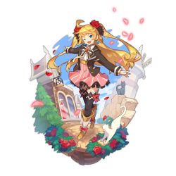Rule 34 | alternate costume, black cat, blonde hair, blue eyes, blue sky, bow, bowtie, cat, dragalia lost, earrings, ezelith, fang, flower, full body, jewelry, non-web source, official art, one eye closed, petals, rose, rose petals, saitou naoki, sky, solo, thighhighs, transparent background, white cat, zettai ryouiki