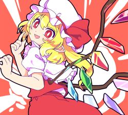 Rule 34 | 1girl, blonde hair, blush, coin, cowboy shot, crystal, flandre scarlet, frilled shirt collar, frills, from side, hands up, hat, hat ribbon, head tilt, holding, holding coin, long hair, looking at viewer, maguro (mawaru sushi), mob cap, multicolored wings, open mouth, outline, pointy ears, puffy short sleeves, puffy sleeves, red background, red eyes, red ribbon, red skirt, red vest, ribbon, shaft look, shirt, short sleeves, side ponytail, skirt, skirt set, smile, solo, touhou, vest, white hat, white shirt, wings