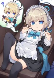 Rule 34 | 1girl, ?, aged down, apron, baku-p, black gloves, blonde hair, blue archive, blue bow, blue bowtie, blue eyes, blue ribbon, blush, bottle, bow, bowtie, braid, breasts, bun cover, coach, double v, elbow gloves, fingerless gloves, gloves, hair bun, hair ribbon, halo, hands up, highres, juliet sleeves, long sleeves, looking at viewer, lying, maid headdress, multicolored hair, on back, open mouth, paid reward available, parted lips, puffy sleeves, ribbon, short hair, side braid, small breasts, solo, sparkle, streaked hair, toki (blue archive), v, white apron
