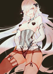 Rule 34 | 1girl, asymmetrical legwear, bad id, bad pixiv id, bare shoulders, black background, black panties, breasts, character request, cleft of venus, commentary, copyright request, corset, cowboy shot, demon horns, elbow gloves, english commentary, eyes visible through hair, garter belt, garter straps, gloves, hair over one eye, heart pasties, highres, horns, jewelry, lifting own clothes, long hair, looking at viewer, medium breasts, mismatched legwear, navel piercing, necklace, open mouth, orange thighhighs, panties, panty lift, pasties, piercing, pussy juice, saliva, simple background, softmode, thighhighs, tongue, tongue out, underwear, wedgie, white eyes, white gloves, white hair, white thighhighs