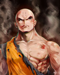 Rule 34 | 1boy, abs, bad id, bad pixiv id, bald, black eyes, blood, blood from mouth, bruise, chromatic aberration, dougi, dragon ball, dragonball z, from below, highres, injury, kanchiyo, kuririn, male focus, muscular, solo, torn clothes, upper body