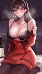 Rule 34 | 1girl, alcohol, black hair, blush, bra, breasts, cleavage, dress, drunk, hairband, highres, large breasts, long hair, long sleeves, looking at viewer, red eyes, red sweater, solo, spy x family, sweat, sweater, tommy (kingdukeee), underwear, undressing, yor briar
