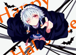 Rule 34 | 1girl, apron, black thighhighs, blue dress, cape, chiruru96, dress, from above, halloween, happy halloween, izayoi sakuya, looking at viewer, maid apron, maid headdress, one eye closed, pointing, pointing at viewer, pouty lips, pov, red eyes, silver hair, solo, thighhighs, touhou