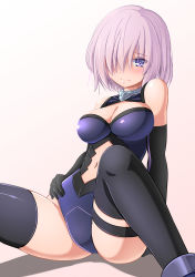 Rule 34 | 1girl, black gloves, black thighhighs, blush, breasts, cleavage, cleavage cutout, clothing cutout, elbow gloves, embarrassed, fate/grand order, fate (series), foreshortening, gloves, gorget, gradient background, grey background, hair over one eye, halterneck, hand on own hip, highres, kayama kenji, leotard, light purple hair, looking at viewer, mash kyrielight, midriff, navel, pink background, purple eyes, short hair, simple background, sitting, smile, solo, spread legs, stomach, thigh strap, thighhighs, thighs, white background