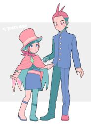 Rule 34 | 1boy, 1girl, :o, ace attorney, aged down, antenna hair, apollo justice, arm at side, asymmetrical sidelocks, belt, belt pouch, blue dress, blue eyes, blue jacket, blush, boots, brooch, brother and sister, brown eyes, brown footwear, brown hair, buttons, cape, closed mouth, clothes pull, collared jacket, dress, english text, gakuran, gem, gloves, green gemstone, hat, highres, jacket, jewelry, layered sleeves, long sleeves, looking at another, looking down, looking up, nostrils, ouse (otussger), pants, parted lips, pink belt, pink cape, pink headwear, playing card theme, pouch, red scarf, scarf, school uniform, shoes, short dress, short hair, siblings, simple background, swept bangs, thick eyebrows, top hat, trucy wright, very short hair, white footwear, white gloves