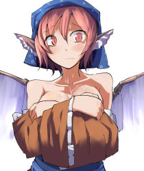 Rule 34 | 1girl, animal ears, bad id, bad pixiv id, bare shoulders, blush, breast hold, breasts, collarbone, covering privates, covering breasts, crossed arms, daitoutei, embarrassed, head scarf, japanese clothes, looking at viewer, mystia lorelei, off shoulder, okamisty, pink eyes, pink hair, short hair, simple background, solo, touhou, upper body, white background, wings