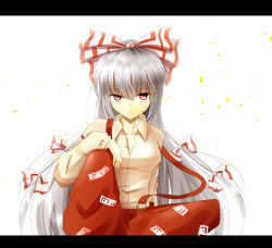 Rule 34 | 1girl, arm rest, bow, breasts, butterfly sitting, frown, fujiwara no mokou, hair bow, highres, indo (mdtanaka2007), knee up, letterboxed, long hair, long sleeves, ofuda, pants, petals, red eyes, simple background, sitting, solo, suspenders, touhou, very long hair, white background, white hair
