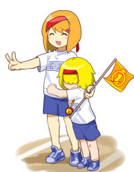 Rule 34 | 2girls, absurdres, alice margatroid, blonde hair, blue footwear, blue shorts, blush, closed eyes, closed mouth, commentary request, cookie (touhou), flag, flat chest, full body, gym uniform, hair ornament, hair over eyes, hairband, hairclip, highres, holding, holding flag, jigen (cookie), kakusou, long bangs, medium bangs, multiple girls, open mouth, red hairband, shirt, shoes, short hair, shorts, smile, sneakers, t-shirt, taisa (cookie), touhou, v, wavy mouth, white shirt