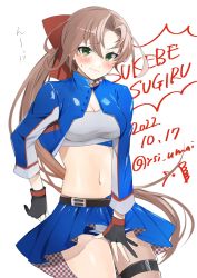 Rule 34 | 1girl, akigumo (kancolle), bandeau, blue jacket, blue skirt, breasts, brown hair, cowboy shot, dated, embarrassed, gloves, green eyes, hair ribbon, highres, jacket, kantai collection, long hair, medium breasts, mole, mole under eye, navel, official alternate costume, partially fingerless gloves, ponytail, race queen, ribbon, shorts, signature, skirt, solo, toriniku senshi chikinman, twitter username, white background