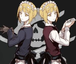 Rule 34 | 10s, 2girls, apron, back-to-back, bad id, bad twitter id, black apron, black background, black gloves, black neckwear, blonde hair, blue jacket, bow, bowtie, brown vest, closed mouth, cocktail shaker, commentary, cutlass (girls und panzer), dress shirt, dual persona, from side, frown, girls und panzer, gloves, holding, jacket, looking at viewer, looking back, maid headdress, multiple girls, ooarai military uniform, pleated skirt, shirt, short hair, skirt, skull and crossbones, standing, symmetry, vest, waist apron, white shirt, white skirt, yellow eyes, yuuyu (777)