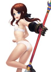 Rule 34 | 1girl, :d, ass, bare legs, bare shoulders, black ribbon, blue eyes, bra, breasts, brown footwear, brown hair, fate/grand order, fate (series), fingernails, floating hair, foreshortening, from side, gauntlets, hair ribbon, highres, holding, holding staff, leg up, leonardo da vinci (fate), leonardo da vinci (fate/grand order), leonardo da vinci (rider) (fate), long hair, looking at viewer, looking to the side, low ponytail, no socks, open mouth, outstretched arm, panties, parted bangs, ranma (kamenrideroz), reaching, reaching towards viewer, ribbon, shoes, sidelocks, simple background, single gauntlet, small breasts, smile, solo, staff, standing, standing on one leg, underwear, white background, white bra, white panties